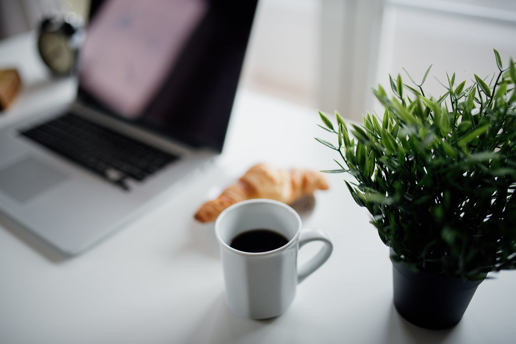 Home office workspace with natural wood desk, potted plants, and natural window lighting