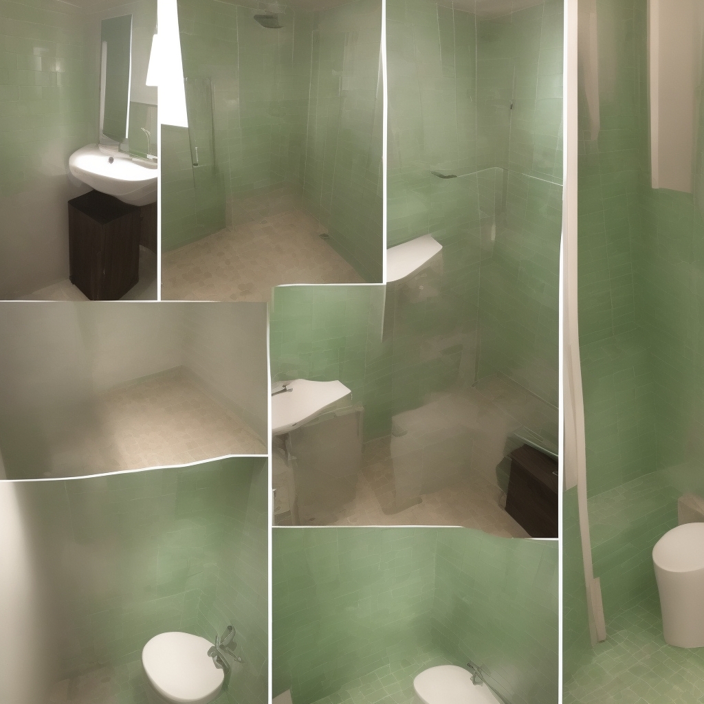Before and after bathroom corner transformation showcasing soft green tiles and new professional lighting installation
