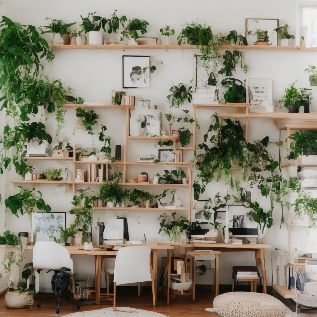 Home office workspace with natural wood desk, potted plants, soft green accent wall, organized shelves and morning window light