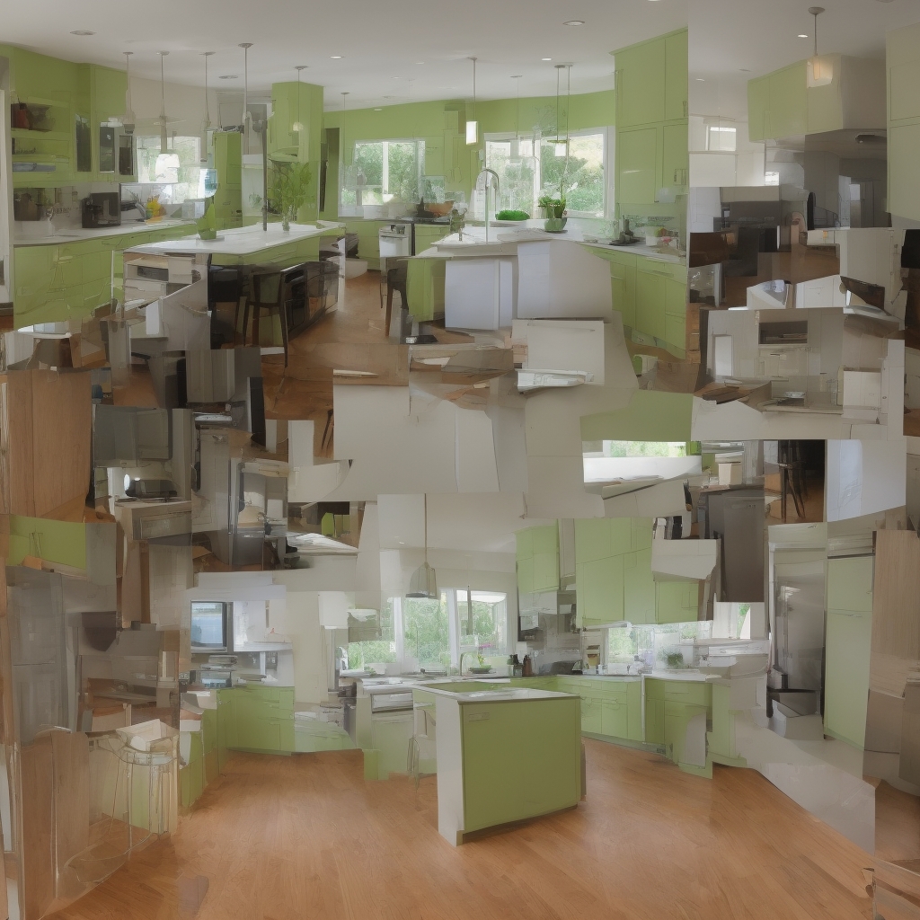 Modern kitchen renovation in progress with fresh cabinetry installation, soft green accent tiling, and warm sunlight