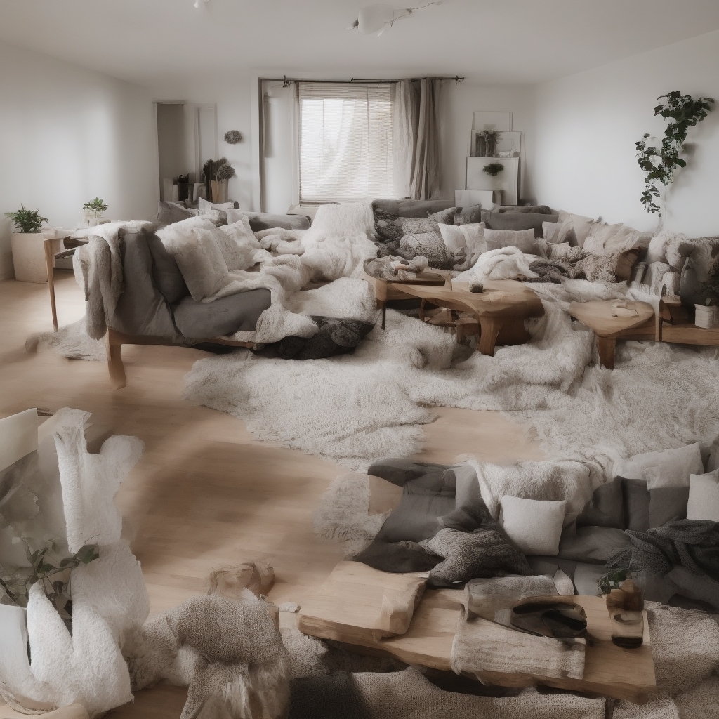 Cozy living room redesign complete with warm lighting, layered textures of soft fabrics and wood in minimalist aesthetic